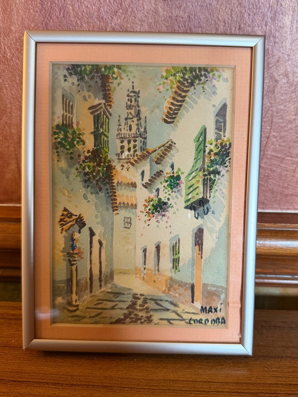 Vintage Maxi Huertas Watercolor Painting Cordoba Spain Framed 7" x 5.25"